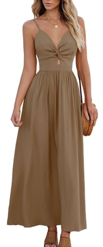 CUPSHE Vestido de verano para mujer, estilo bohemio, cuello en V, sin mangas, vestido recto, con torsión frontal, vestido informal para vacaciones, maxi vestido, marrón, L