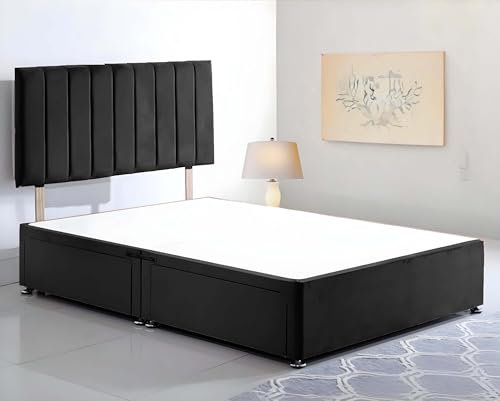 Ultimate Ease Black Plush Divan Double Bed Base with Stylish 20 Vertical Line Headboard | Elegant Double Bed frame with 2 Spacious Storage Drawers | No Mattress Included