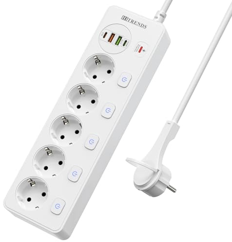 Mehrfachsteckdose mit USB C, 5 Fach Steckdosenleiste mit Einzeln Schalter, Steckdosenadapter Verteilersteckdose mit 4 USB, Mehrfachstecker Wandmontage Steckdose Flachstecker mit 2M Kabel, Weiß