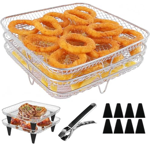 LEKEFETO Freidora de aire apilable 3 capas, estante 21 x 21 x 9 cm, acero inoxidable 304, bandeja cuadrada, patas de silicona, pinzas, accesorios horno