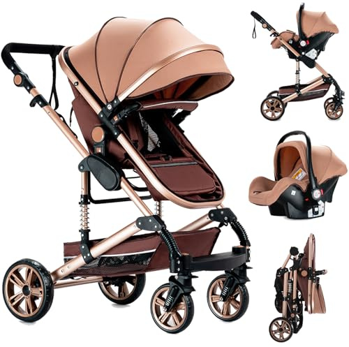 Reenborn Barnvagn 3-i-1, buggy med ett klick vikdesign högt landskap, barnvagn med två vändbara skjutlägen, barnvagn 3-i-1 komplett set med ram aluminiumlegering (739 beige)