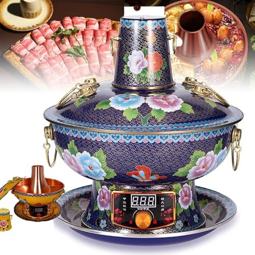 ZHJOPP Plats de Service en cuivre Pur 32/34/36 cm(électrique/Carbone à Double Usage),Casserole à Double Cuisson (satisfaisant 2 goûts),Chauffage à Circulation à 360°,Facile à Nettoyer (Blue 36cm)