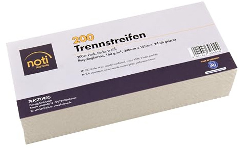 200 Trennstreifen in weiß, 24 x 10,5cm, gelocht, 180g/m² recycelter Karton, zum Sortieren von Dokumenten, bedruckbar