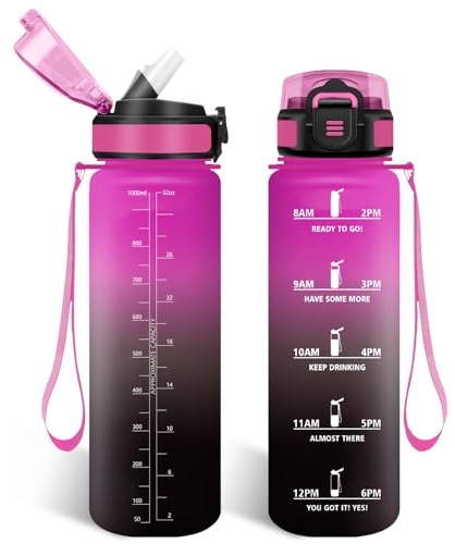 HoneyHolly Botella Agua 1 Litro, Libre de BPA & Prueba de Fugas, Botella de Agua, con Pajita, Water Bottle, con Marcador de Tiempo, Cantimplora para Sport, Bicicleta, Gimnasio, Escuela