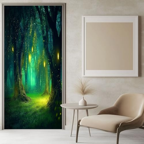 Tür Tapeten 3d Selbstklebend Geheimnisvoller Wald Glühwürmchen Türposter, Fantasy Stil Türaufkleber Wasserdicht Abnehmbare türfolie Fototapete Wandbild Wohnzimmer Schlafzimmer 80 x 200 cm (B x H)