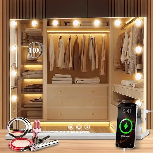 Puranex Specchio Trucco con Luci 15 LED (58×46 cm), Specchiera Trucco Illuminato Hollywood Make-up Mirror con Ingrandimento 10x, 3 Modalità di Luce Regolabili Oorta USB, Regalo per Donne e Ragazze