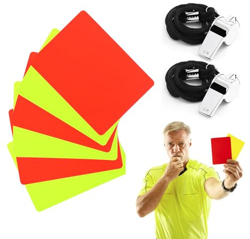 JRSHIRLEYLTD Set di 6 carte rosse e gialle per l'arbitro di calcio con 2 fischietti sportivi con cordino, accessorio indispensabile per qualsiasi gioco di calcio
