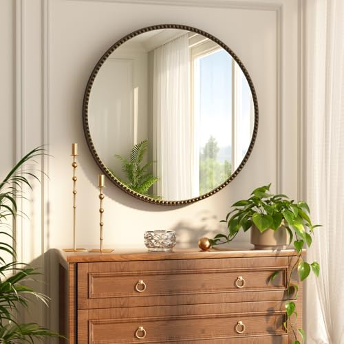 Koonmi runder Wandspiegel 60 cm, PU Perlenrahmen, Braun | Retro Badspiegel zum Aufhängen oder Anlehnen für Eingangsbereich, Schlafzimmer, Wohnzimmer und Flur