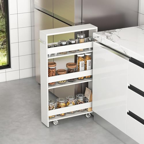 COSTWAY Nischenwagen 13cm breit, Nischenregal Badregal 4 Etagen, Nischenschrank auf Rollen, Servierwagen schmal, Küchenwagen mit Griff, Rollwagen Bad, Holz, 47,5x13x80,5cm (Reines Weiß)