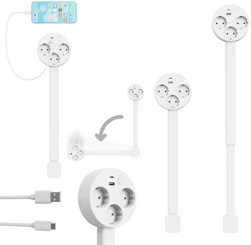 INIA – Erweiterbare und drehbare Steckdosenverlängerung Steckdosen - Verlängerung mit 360° schwenkbarer, ausziehbarer Verlängerungsstange 3 Fach Steckdose, 1 USB - A und 1 USB - C