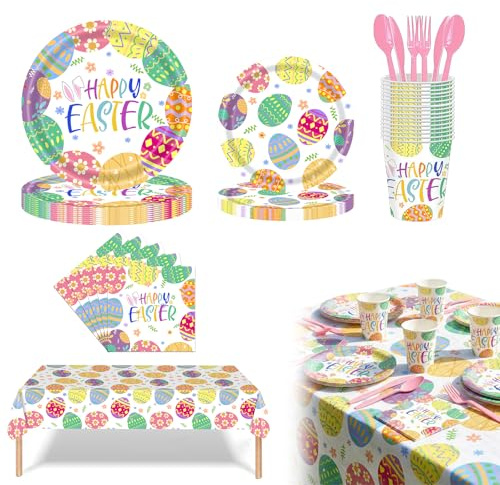 Easter Table Decorations – 70pcs Easter Party Decorations Tableware Set with Plates, Napkins & Table Cloth, Colourful Egg & Rabbit Party Supplies for Dinner Dessert