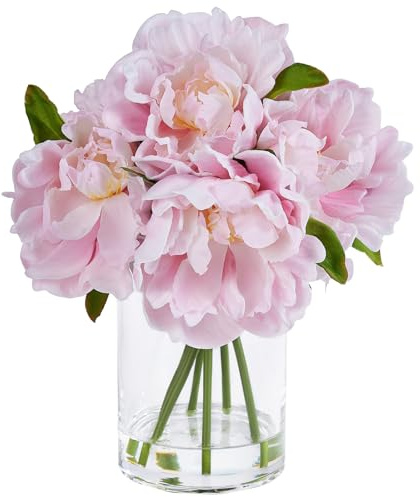 VeriNatural Artificial Pink Peonies in Glass Vase 27cm | 6 silk-effect peony blooms with clear faux water, ready styled for dining tables, shelves, bedrooms and office desks