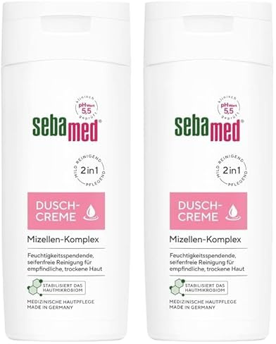 Sebamed Duschcreme 200 ml, Duschcreme für Damen und Herren, mit Mizellen-Komplex, feuchtigkeitsspendende seifenfreie Reinigung und Pflege für empfindliche und trockene Haut (Packung mit 2)