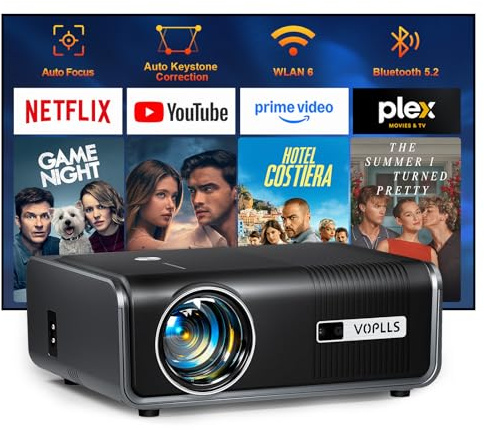 [Officially-Licensed APP & Auto Focus/Keystone] Smart 4K Projector, VOPLLS 1000ANSI Native 1080P WiFi 6 Bluetooth Outdoor Projector, 50% Zoom Home Theater Movie Projectors for Bedroom/PPT/iOS/Android