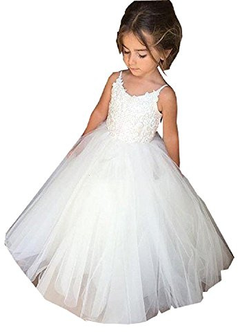 PLwedding Flower Girls Lace Tulle Ball Gowns First Communion Dresses (Size 6, Ivory)