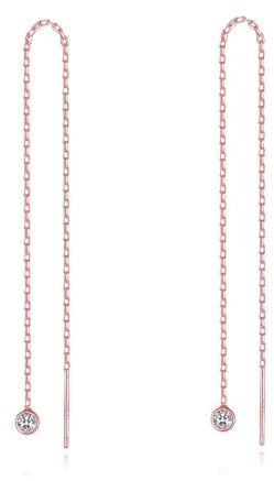 MetJakt Women's 925 Sterling Silver Threader Earrings Fine Jewelry Long Chain Dangling Pierced Ear Line diamond (Diamond Pendant Rose Gold)