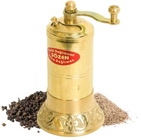 SOZEN 10.9 cm Manuelle Pfeffermühle Messing - Handgefertigte türkische Pfeffermühle, konische Grat Gewürzmühle, tragbare Handkurbelmühle für Salz, Pfefferkörner und andere Gewürze mit robustem