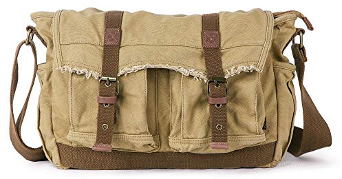 GOOTIUM Canvas Messenger Bag - Vintage Shoulder Bag Frayed Style Satchel, Khaki