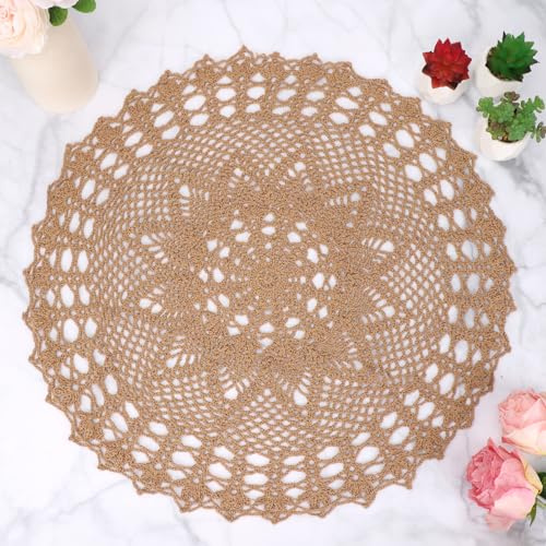 kilofly Centrino da tavolo in pizzo di cotone lavorato a mano all'uncinetto, a forma di ninfea, marrone, 55,9 cm