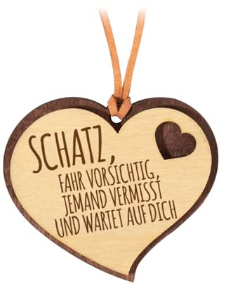 Schatz FAHR VORSICHTIG... Glücksanhänger aus Holz fürs Auto Rückspiegel. Aufhänger mit Lederriemen. Spiegelanhänger 014.