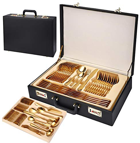 Juego de 72 piezas Vajilla de acero inoxidable 410 Acero inoxidable Grado alimenticio Cuatro piezas principales Cuchillo Tenedor Cuchara Maleta Caja de regalo Juego-dorado