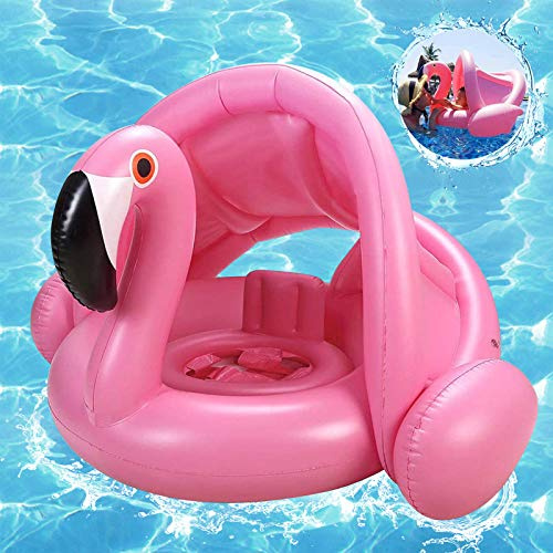 Flotadora para Bebés, Flamenco Bebé Flotador de Seguridad, Flotador para Bebé con Sombrilla, Flotador para Bebé con Asiento, Ajustable Barco Anillo de Natación, Protección UV