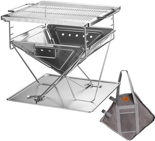 CAMPINGMOON 3-i-1 bärbar vedeldad grill i rostfritt stål och eldstad 40 x 45 cm med bärväska MT-045