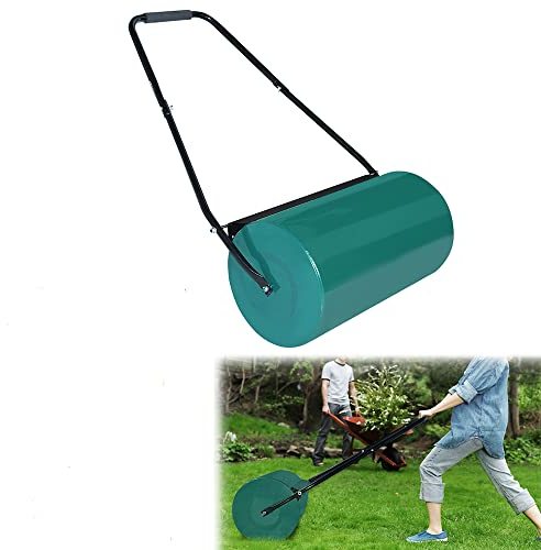 VA-Cerulean Rasenwalze,Handwalze mit U-Griff,57cm Walzenbreite,31cm Durchmesser,46L Füllvolumen Befüllbar Wasser/Sand Walze, Metall Rasenroller,Gartenwalze für Rasen und Fußballplatz(Grün)