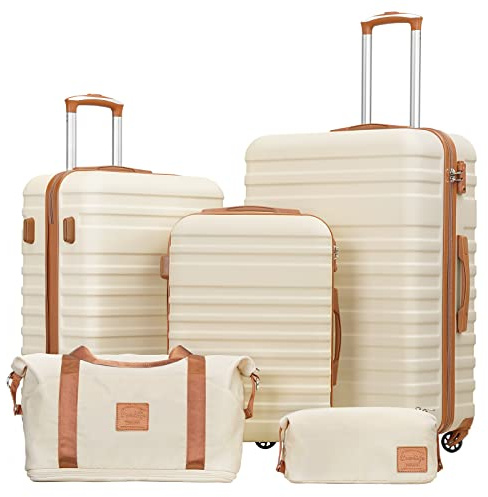 COOLIFE Suitcase Set 5 PCS - 20/24 / 28 Lightweight Luggage Set + Travel Bag & Toiletry Bag, Suitcases with TSA Lock + 360° Wheels for Family Travel, Study Abroad & Long Trips Beige/Cream