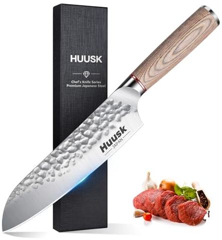 Huusk Japanese Chef Knife for Home & Kitchen - 7 Stainless Santoku Knife with Ultra Sharp High Carbon Blade, Cooking Knifes for Vegetable & Meat Cutting with Wood Handle, Gift Idea for Cooking Lovers