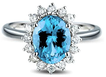KnBoB Ring Damen Schmuck, 925 Silber Blumen Oval Blau Topas Verlobungsring und Ehering Gr. 61 (19.4)