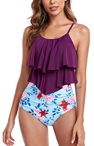 FLYILY Tankini, baddräkt för kvinnor, hög midja, topp med dubbla volanger, 2-delad baddräkt, badkläder, M