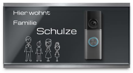 Exklusives Design-Klingelschild für alle gängigen Video-Türklingeln & Funk Klingeln z.B. Ring Doorbell - anpassbare Klingelplatte Namensschild Tür Schild - hochwertig aus Edelstahl & Acrylglas