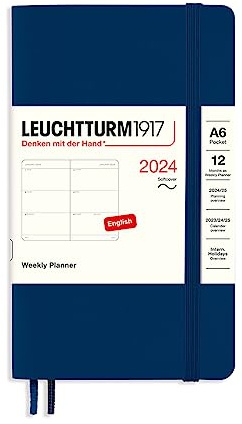 LEUCHTTURM1917 367672 Wochenkalender, Softcover, Pocket (A6) 2024, 12 Monate, Marine, Englisch