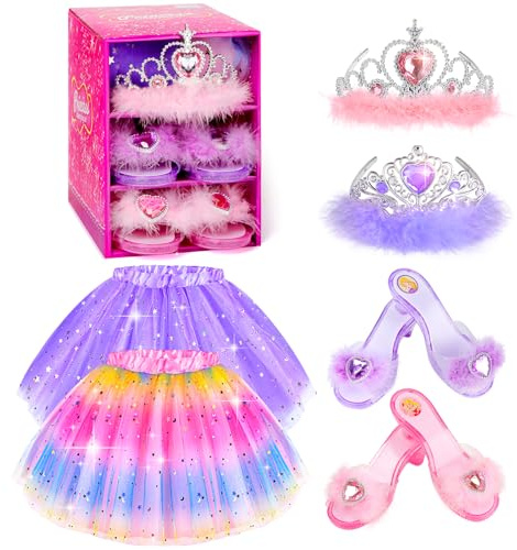 BIBUTY Kids Princess Dress Up Clothes for Little Girls, Pretend Play & Dress Up Costume Set for 3-6 Toddler Little Girls (Rainbow/Purple)