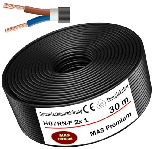 MAS Premium H07RN-F - Cable de manguera de goma (5 – 500 m, cable de alimentación para obras, 1 x 1,5, 4, 6, 10, 16, 25, 35, 50 y 2 x 1, cable flexible para dispositivos pesados (H07RN-F 2 x 1 mm², 30