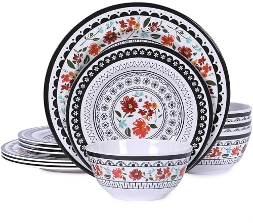Gofunfun 12-Piece Melamine Dinnerware Sets, Unbreakable Dinner Dishes Set for Indoor and Outdoor Use, Dishwasher Safe, Lightweight Dinner Service for 4, Black and White