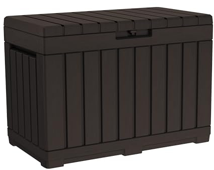 Keter Kentwood 50 Gallon Resin Deck Box-Organization and Storage for Patio Cushions, Throw Pillows and Garden Tools, Brown