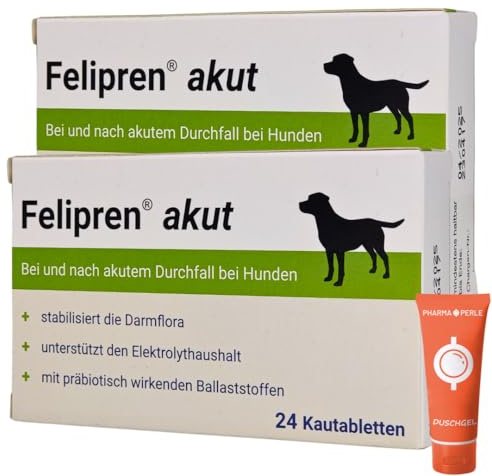 PHARMA PERLE Felipren akut, 2X 24 Kautabletten I Diätergänzungsfuttermittel für Hunde I bei und nach akutem Durchfall bei Hunden I Stabilisiert die Darmflora I Spar-Set Plus give-Away