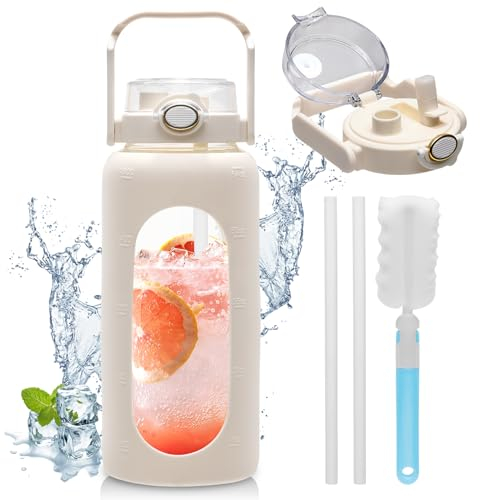 LIFEJXWEN Borraccia Sportiva in Vetro, 1800ml Borraccia Vetro con Copertura in Silicone con Cannuccia per Studio Fitness, Scuola, Ufficio(Beige)