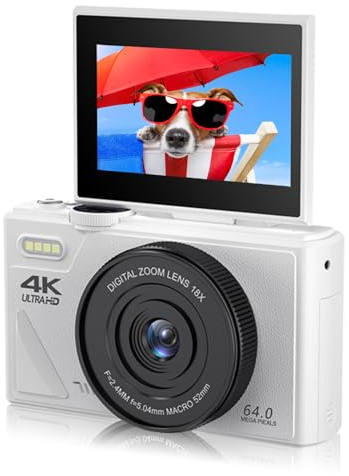 Cámara Digital Retro de 64MP, Cámara de Vlogging Vintage 4K UHD con Zoom de 18X, Enfoque Automático, Pantalla Abatible de 3 Pulgadas para Vlogging de Fotografía de Viajes (White)