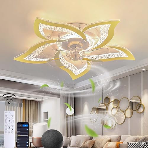 Dobecd Ceiling Fans with Lights and Remote Modern Dimmable Ceiling Fans with Lights Dc Motor App 6 Speed Fan Light Timed Memory Silent Flower Light with Fan 69cm Gold
