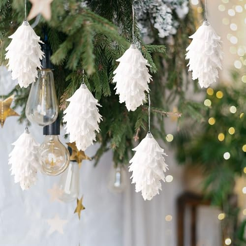 HERZONE 6pcs weihnachtsanhänger Weiße Glitzer Pinienzapfen Weihnachtskugeln mit Faden Plastik für Weihnachtsbaum (Weiß (Blume 6pcs))
