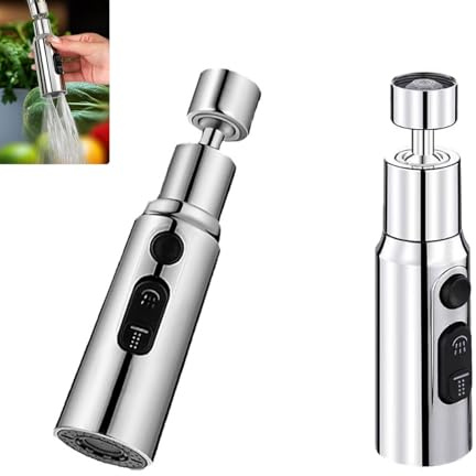 IUSOT Kitchen Tap Spray Head, 3 Function 360° Swivel Tap Extender with Universal Adapter, Faucet Aerator & Spray Head Attachment for Kitchen Sink, Splash-Proof Spout, Silver