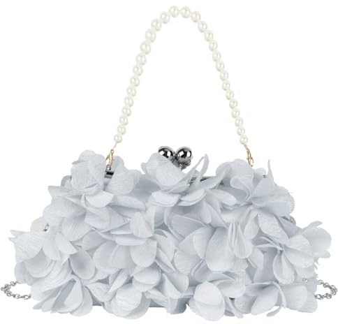 Pandalein Damen Blumen Clutch Seide Abendtasche Brauttasche Kleidertasche Handtasche mit Perlen Henkel Kette für Hochzeit Wedding Prom Party