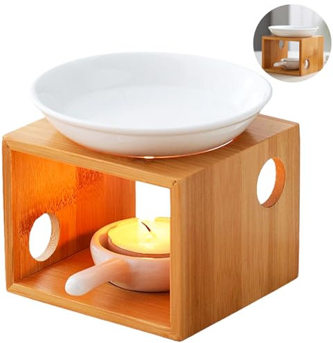 Diffuseur naturel en bambou pour huiles essentielles avec coupelle en céramique, réchaud, cire parfumée, lampe aromatique, bougeoir, lampe à huile parfumée pour la maison, le bureau, le spa, le yoga