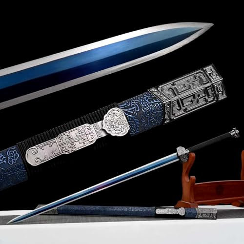 KWXPW 109cm Blaues chinesisches gerades Schwert,Manganstahl Klinge mit Blauer Prozess,PU-Leder umwickelte Holzscheide,handgefertigt Samurai-Schwert für Cosplay-Kampfsport-Geschenk-Requisiten