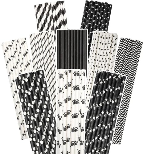 Gcardist Black Paper Straws for Drinking Black Disposable Straws 100pcs Bulk（10 Pattern）