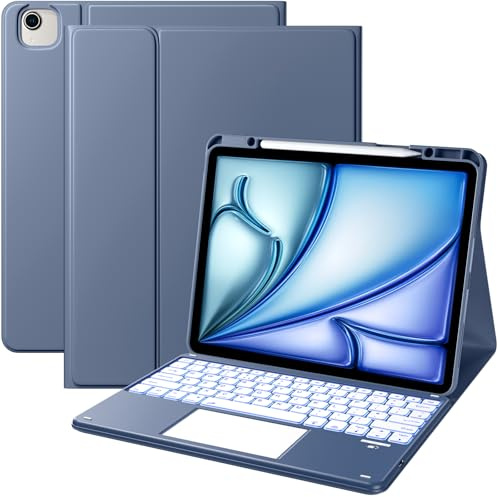 Vobafe Hülle Tastatur für iPad Air 13 Zoll M4 M3 M2 & Pro 12.9 3/4/5/6 Gen | QWERTZ Keyboard Multi-Touch Trackpad 7 Farben Beleuchtung, Hülle mit Stifthalter für iPad Air 13 (2026/2025/2024), Blaugrau