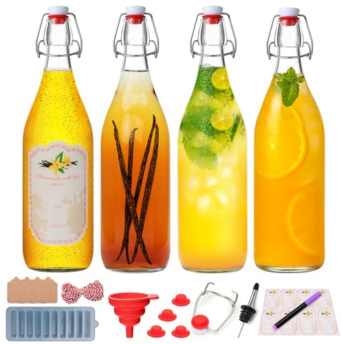32oz Swing Top Glass Bottles - Flip Top Glass Beer Bottle with Airtight Stopper for Fermentation,Brewing,Clear Kombucha Bottles for Water, Beverages, Beer, Juice, Soda,Kefir,4 Pack